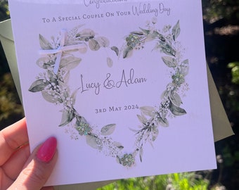 Personalised Handmade Wedding Day Card, Happy Couple, Flower heart Wreath SAGE GREEN FLOWERS. Eucalyptus