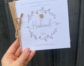 Personalised Handmade 5th Wedding Anniversary Card. Husband Wife Couple. Wood wedding Anniversary