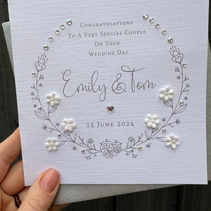 Personalised Handmade Wedding Day Card, Happy Couple, Flower Wreath