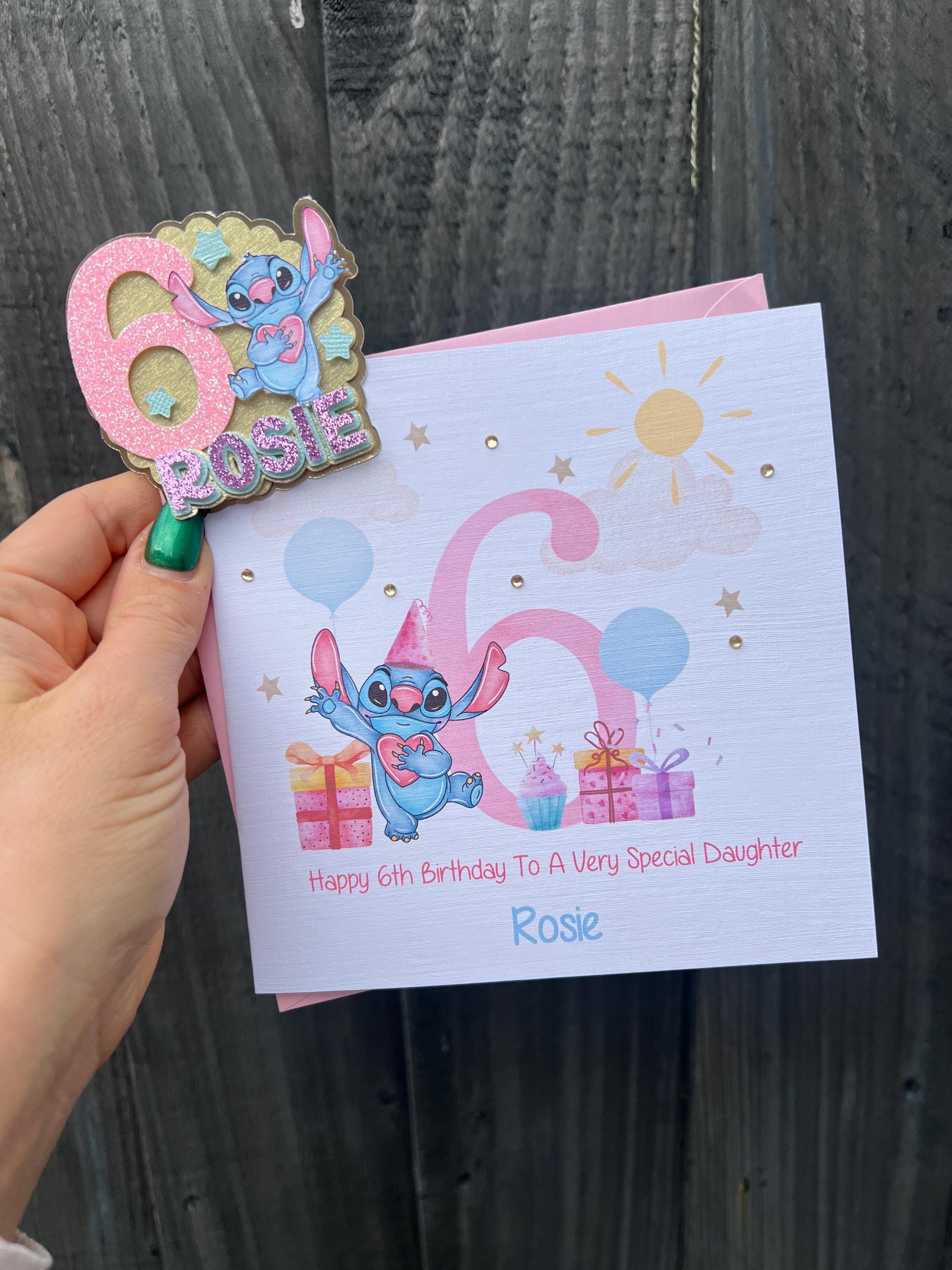 Handmade, Personalised STITCH themed Birthday Card with Matching Birthday BADGE, Any Name, Any Age
