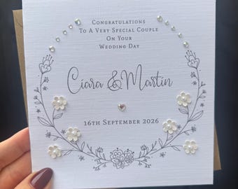 Personalised Handmade Wedding Day Card, Happy Couple, Flower Wreath