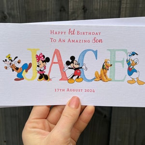 Handmade Personalised Birthday Card, ANY Name, ANY age ANY relation. Disney Minnie Mouse- Mickey Mouse- Pluto- Donald Duck. Son Daughter