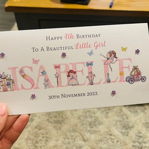 Personalised Handmade NAME Greetings Birthday card, Princesses, Fairies, ANY Name, Any Age, Daughter, Niece, Granddaughter, Little Girl