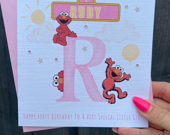Personalised handmade birthday card, ANY age, ANY name, Red Monster, Birthday Street, 1st 2nd 3rd birthday! Daughter, Granddaughter, Neice