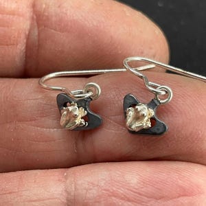 May include: A pair of silver-toned drop earrings featuring a small, sculpted frog figure centered on a dark, oxidized metal backing. Each earring is attached to a simple silver-toned hook wire, creating a dangling design with contrasting light and dark metal finishes.