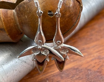 May include: A pair of silver earrings shaped like stylized flowers with intricate details. The earrings are hanging from silver hooks.