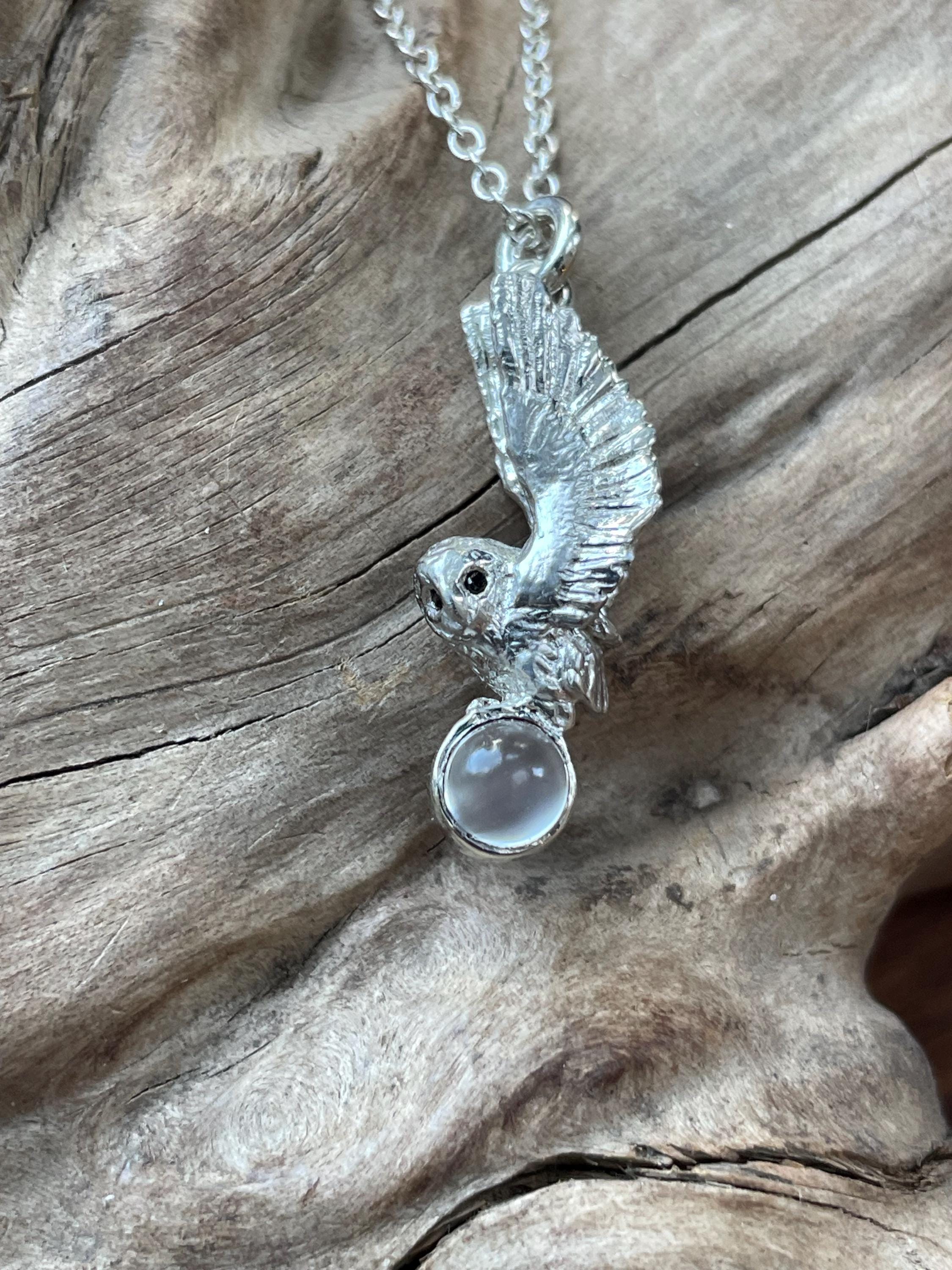 Solid silver small owl on moonstone pendant