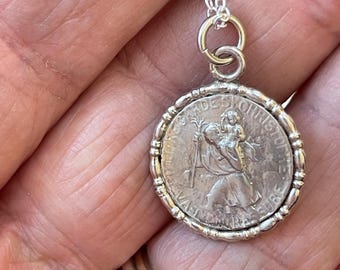 St Christopherus doppelseitiger Anhänger und Kette aus Sterlingsilber