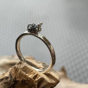 Peut inclure: Une bague en argent ornée d'un petit escargot texturé. Le corps de l'escargot est sombre, et le corps de la bague est lisse et poli. La bague est posée sur un morceau de bois, soulignant le thème naturel du bijou.