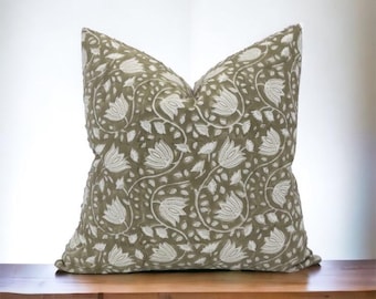 Olive Green|| Block print pillow cover, / soft green /floral pillow cover/ Decorative Pillows, Home Decor Pillows/ Living room Decor pillows