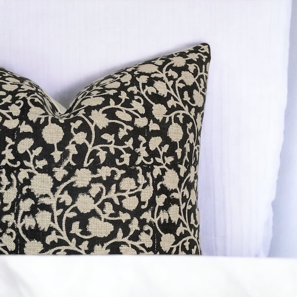 VEERRA || Designer Black Linen Pillow Cover, Home Decor Pillow, Block Print Pillow, Block Linen Pillow, Neutral Pillow, Botanical Pillow
