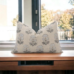 Gorsy || Block print linen pillow cover, gray / white / black floral natural linen pillow cover/ Decorative Pillows, Home Decor Pillows,