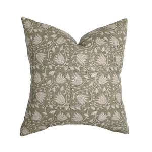 June | Sage Floral Handblock Linen Pillow Cover | Neutral Soft Green Flax Designer Fabric | Neutral Home | 18x18 | 20x20 | 22x22 | Lumbar