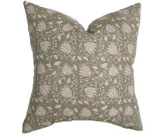 June | Sage Floral Handblock Linen Pillow Cover | Neutral Soft Green Flax Designer Fabric | Neutral Home | 18x18 | 20x20 | 22x22 | Lumbar