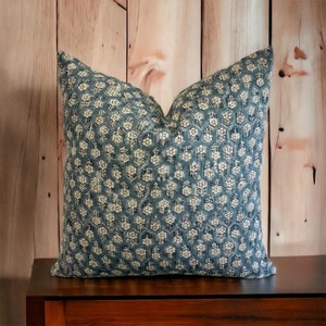 Teal Blue || Hand Block Printed Pillow Cover | natural linen block print pillow cover | Designer | High End | Farmhouse | Boho Pillow cover
