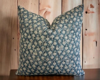 Teal Blue || Hand Block Printed Pillow Cover | natural linen block print pillow cover | Designer | High End | Farmhouse | Boho Pillow cover