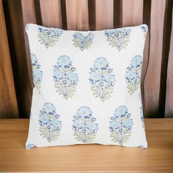 Mughal Flower || Hand Block Printed Pillow Cover | linen block print pillow cover | Designer | High End | Farmhouse | Boho Pillow cover