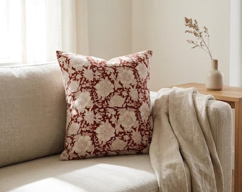 Burgundy Floral Pillow Cover | Rust Red Block Print Cushion | Boho Decorative Pillow | Vintage Farmhouse Decor | Indian Print Throw Case