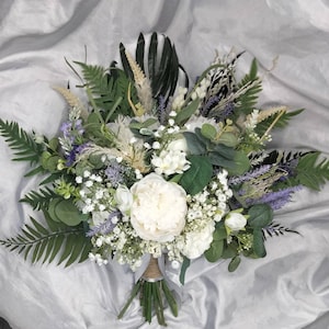 Handmade artificial Rustic, boho woodland Green, Lavender, Lilac leafy Wedding bouquets, bride, bridesmaids and button holes, wrist corsage