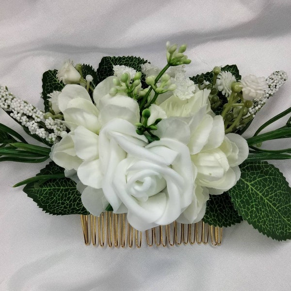Wedding vail, prom white & green flower hair comb/slide. Wedding hair accessorie, flower slide, matching corsage also available