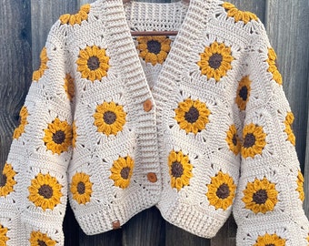 Sunflower jacket, Ladies Crocheted Coat,Granny Square Cardigan, Winter Sweater, Crochet Bohemian Cardigan, Vintage Handmade Fashion Dress