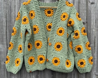 Sunflower jacket, Ladies Crocheted Coat,Granny Square Cardigan, Winter Sweater, Crochet Bohemian Cardigan, Vintage Handmade Fashion Dress