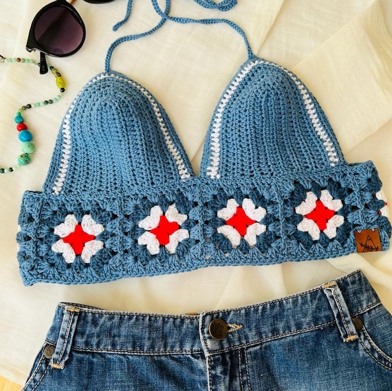 Handmade Crochet Top, Summer Crop Top, Granny Square Crop Top