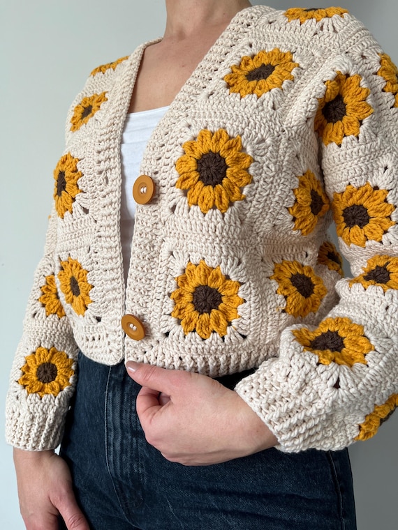 Sunflower Jacket Ladies Crocheted Coat granny Square Cardigan Winter Sweater Crochet Bohemian Cardigan Vintage Handmade Fashion Dress Etsy