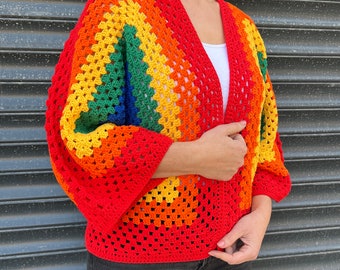Crochet Rainbow Cardigan, Handmade Cardigan, Unisex Cardigan, Pride Crochet Cardigan, Colorful Cardigan, Colorful jacket
