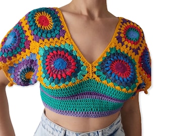 Handmade Crochet Top, Summer Crop Top, Granny Square Crop Top, Festival Top, Boho Style, Vintage Style, Crochet Bralette, Beach Top