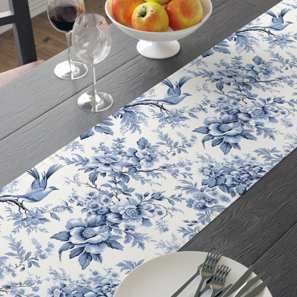 Classic Blue Toile, Farmhouse, French Country, Elegant, Vintage Style, Luxury Table Runner Pure Cotton Twill