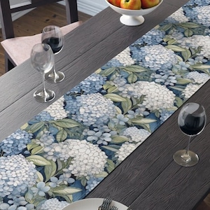 William Morris Inspired Blue Hydrangea Floral Designer Print for Banquet Wedding Home Decor Table Runner Cotton Twill