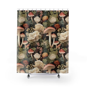 William Morris Inspired Mushrooms, Craftsmen, Art Nouveau, Farmhouse, Vintage Style Fabric Shower Curtains