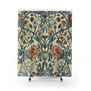 William Morris Inspired Blooming Peonies & Daffodils, Art Nouveau, Craftsman, Vintage Style, Premium Fabric Shower Curtains