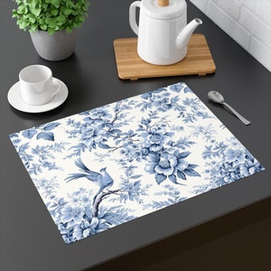 Classic Blue Toile, Farmhouse, French Country, Elegant, Vintage Style Classic Woven Cotton Twill Placemats
