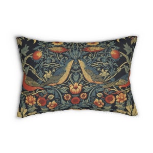 Lumbar Pillow William Morris Inspired Strawberry Thieves Art Nouveau Farmhouse Vintage Style Hypo-Allergenic Lumbar Pillow