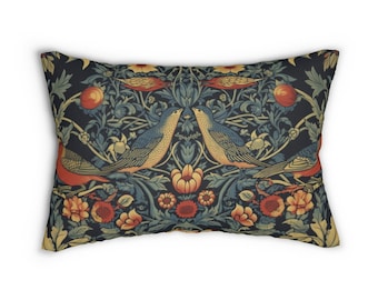 Lumbar Pillow William Morris Inspired Strawberry Thieves Art Nouveau Farmhouse Vintage Style Hypo-Allergenic Lumbar Pillow