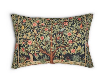 Lumbar Pillow Victorian Tree of Life, Classic Floral & Fauna, Antique-Inspired Botanical Design Vintage Style Lumbar Pillow