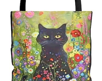 Whimsical Black Cat Tote – Colorful Birds Design, Artistic Gift for Cat Lovers