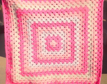 Handmade Pal Pink Crochet Baby Blanket, Cozy Granny Square Nursery Afghan