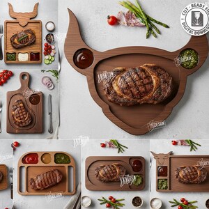 Può includere: Una collezione di vassoi di legno da portata, con forme diverse, tra cui una testa di toro, ognuno con una bistecca grigliata e scomparti per salse. L'immagine include il testo "CUT READY FILE" e "10 DESIGNS".