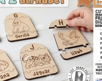 Puzzle alphabet SVG - puzzle Montessori animaux ABC - jouet d'apprentissage découpé au laser pour enfants - jeu d'alphabet en bois - jouet éducatif