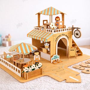 Coffee Shop Playset Laser Cut - Wooden Cafe Toy House - Pretend Play Restaurant - Kids Role Play Set svg