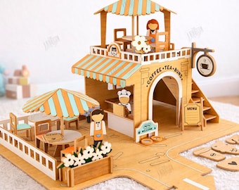 Coffee Shop Playset Laser Cut - Wooden Cafe Toy House - Pretend Play ...