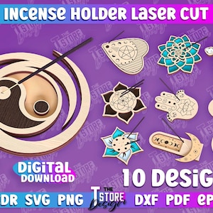 以下が含まれることがあります： レーザーカットのお香立て用のデジタルデザイン10点。デザインには、陰陽、マンダラ、ファティマの手、ハート、ヘビ、月と星、三日月、花、その他の抽象的なデザイン2つが含まれています。デザインは白黒で、レーザーカッターでカットする準備ができています。