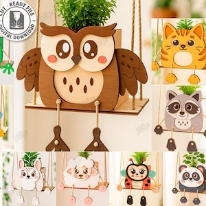 Puede incluir: Colección de macetas de madera cortadas con láser con forma de animales, incluyendo un búho, una rana, un gato, una abeja, un mapache, un erizo, un conejo, una oveja, una mariquita y un panda. Cada maceta tiene 3 mm de grosor.