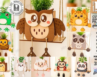 3d schaukel Tiere Holz Pflanzer Laser geschnitten Bundle, Kinder Pflanzkasten, hängende Topfpflanzenhalter svg, Schaukel-Pflanzermuster svg, Bauernhaus svg