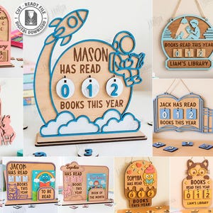 May include: A collection of laser-cut wooden book trackers in various designs. Each features a space to record the number of books read, with names like Mason, Amelia, and Liam. The designs include rockets, cats, and book-themed shapes.