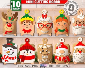 3d Christmas decorative mini cutting boards laser cut bundle, Christmas kitchen decor, vintage board svg, Christmas characters laser cut