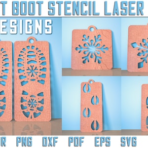 May include: Five laser cut wood stencils for crafting. The stencils include a snowflake, reindeer tracks, a boot, and two different boot prints. The stencils are on a light blue background.
